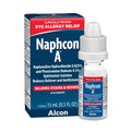 A box and bottle of Alcons Naphcon A Redness Reliever Eye Drops (15mL) with a $3 coupon are shown, highlighting their antihistamine role in relieving eye allergy symptoms like itching and redness with naphazoline hydrochloride and pheniramine maleate. The packaging features a blue and white design.