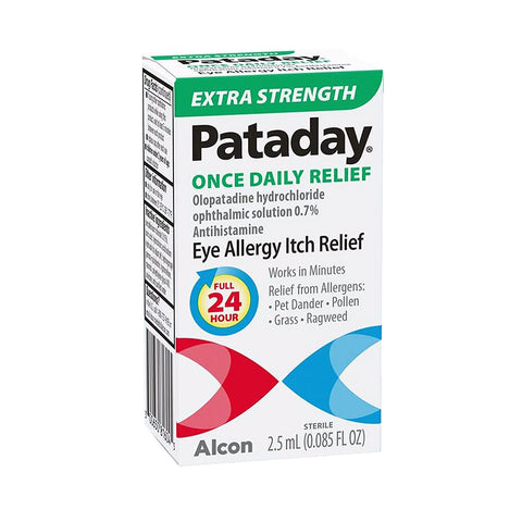 The Alcon Pataday Extra Strength 2.5 mL eye drops offer Once Daily Relief from eye allergies caused by pet dander, pollen, grass, and ragweed, featuring olopatadine hydrochloride.