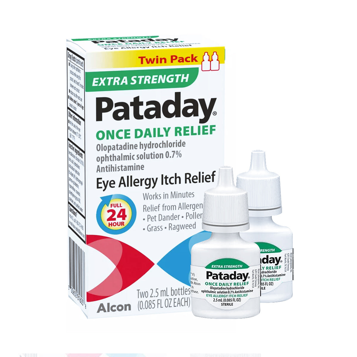 Alcons Pataday Once Daily Relief Extra Strength comes in a twin pack of two 2.5ml bottles, promoting fast-acting, 24-hour relief from eye allergy itch due to pollen and pet dander with its Once Daily Relief formula.