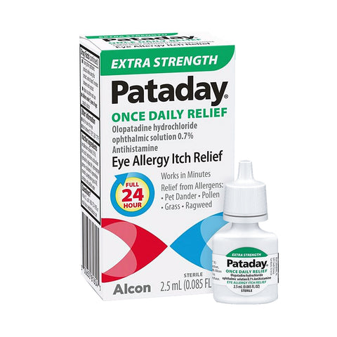 Pataday Extra Strength Eye Drops by Alcon offer once daily relief from allergy itch with 2.5 mL of olopatadine hydrochloride 0.7% solution, packaged in a bottle and box.