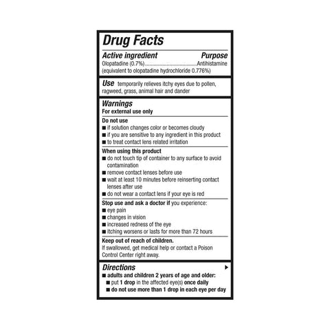 An image of the Pataday Extra Strength 2.5 mL (Alcon) drug facts label showcases active ingredients like Olopatadine, usage instructions, warnings for this antihistamine eye allergy relief product, and storage guidelines for adults and children over two years old.