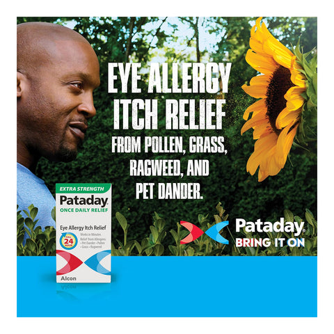 A man gazes at a sunflower, accompanied by the text Eye Allergy Itch Relief from Pollen, Grass, Ragweed, and Pet Dander beside an image of Alcons Pataday Extra Strength 2.5 mL inviting you to Bring It On for ultimate eye allergy relief.