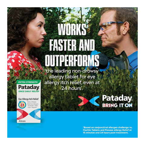 A man and woman, separated by hedges, each find eye allergy relief with nonprescription drops. Fast-acting and long-lasting relief is highlighted with Pataday Extra Strength 2.5 mL from Alcon, featuring the tagline: Bring It On.