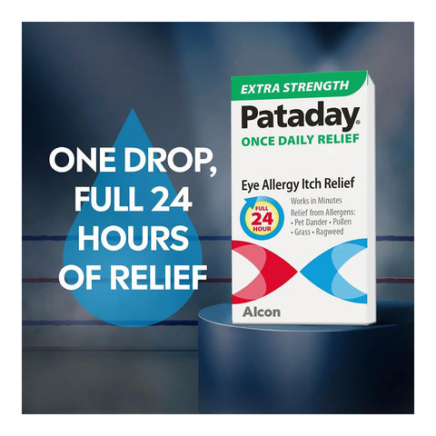 A 2.5 mL box of Pataday Extra Strength by Alcon, set in a boxing ring for robust relief, reads One Drop, Full 24 Hours of Eye Allergy Relief, emphasizing its nonprescription power with olopatadine to combat allergens like pollen and pet dander.