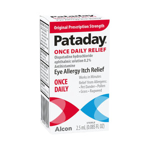 Pataday Once Daily Relief Eye Drops by Alcon provide effective allergy itch relief with olopatadine hydrochloride 0.2%, targeting allergens like pet dander, pollen, grass, and ragweed. The single pack size is 2.5 ml (0.085 fl oz). Available in single or twin packs.