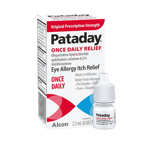 The image displays Alcons Pataday Once Daily Relief Eye Drops package in original prescription strength, containing olopatadine hydrochloride 0.2%, for allergy relief from pollen, grass, and ragweed. A single small bottle is shown beside the box.