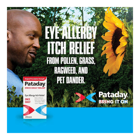 A man stands outdoors by a sunflower, highlighting Alcons Pataday Once Daily Relief Eye Drops for allergy itch relief. This potent antihistamine combats pollen, grass, ragweed, and pet dander. The packaging and slogan Bring It On are prominently visible.