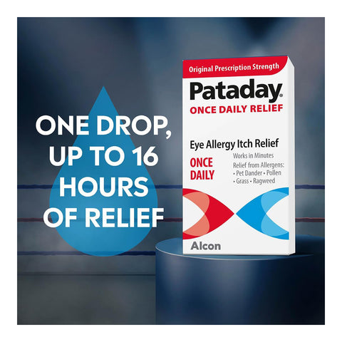 The Pataday Once Daily Relief Eye Drops box by Alcon has a blue droplet with the text One drop, up to 16 hours of relief, set against a soft blue background. It highlights Original Prescription Strength in red and contains olopatadine hydrochloride. Available in Single & Twin Packs.