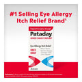 Image of a Pataday Once Daily Relief Eye Drops box by Alcon, labeled as the #1 Selling Eye Allergy Itch Relief Brand. Packaging highlights relief from pet dander, pollen, and grass. Red and white design features olopatadine hydrochloride. Available in single and twin pack options.