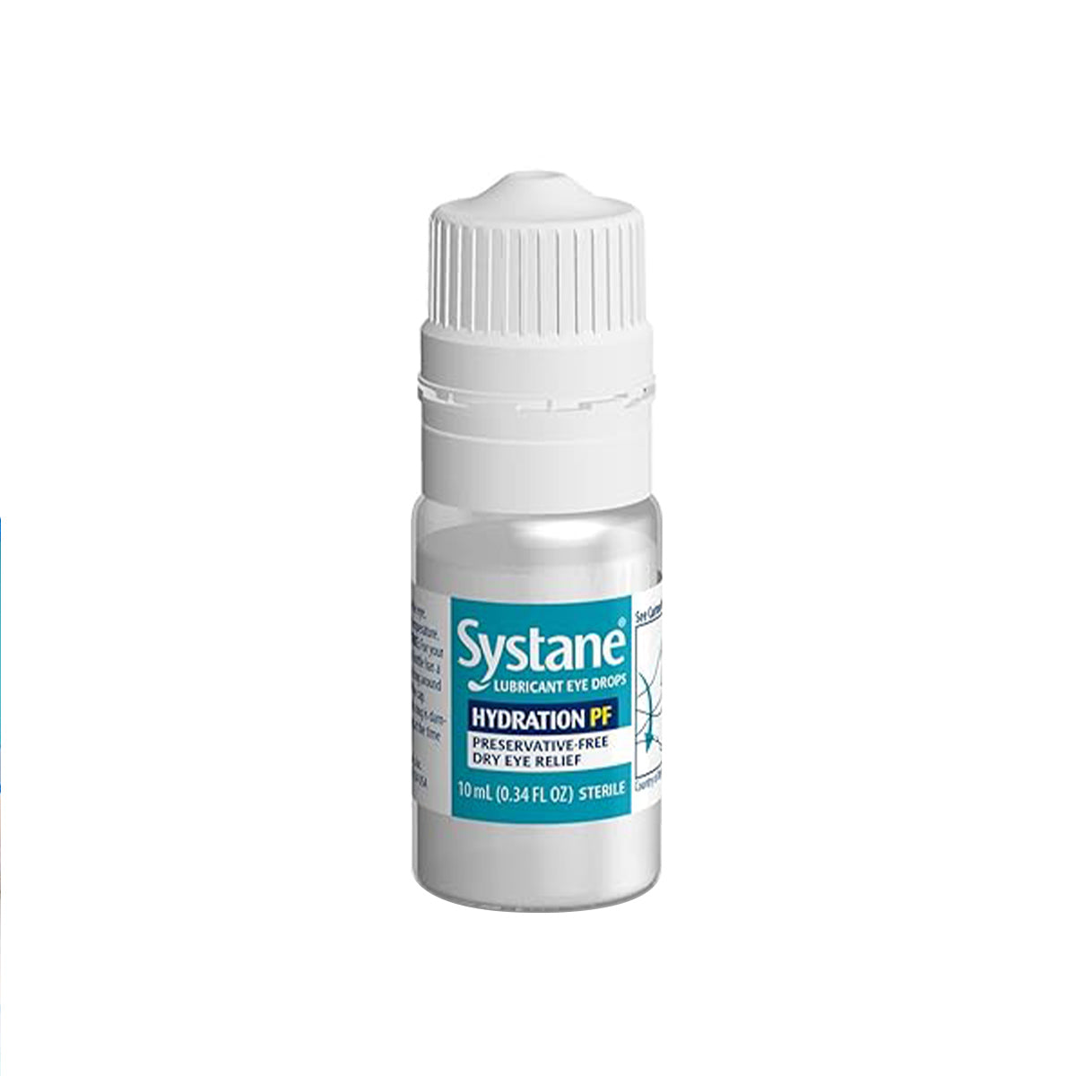 A small white plastic bottle labeled Systane Hydration PF Lubricant Eye Drops by Alcon, featuring a turquoise label and white cap. Highlights include Preservative-Free, Dry Eye Relief, and Sodium Hyaluronate for enhanced moisture. Contains 10 ml (0.34 fl oz), marked as sterile.