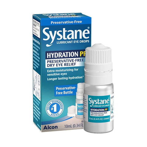 Alcons Systane Hydration PF Lubricant Eye Drops in a 10mL multidose bottle offers preservative-free dry eye relief with sodium hyaluronate for extra moisturizing, perfect for sensitive eyes.