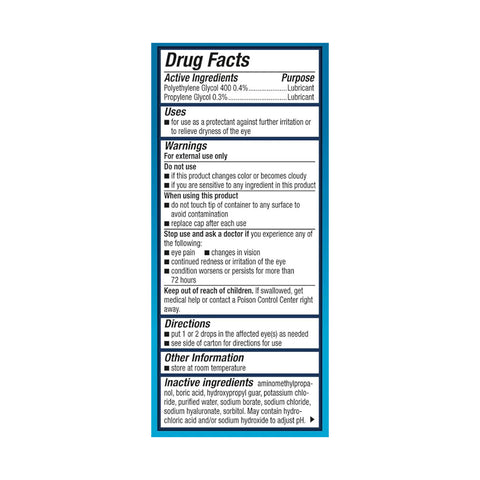 The Systane Hydration PF Lubricant Eye Drops by Alcon features a rectangular label with a blue border. It highlights polyethylene glycol and propylene glycol as active ingredients, is preservative-free, and includes sections for uses, warnings, directions, and more.