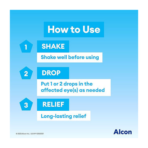 Instructions for using Systane Hydration Pf Eye Drops on a blue background: 1. Shake well. 2. Apply 1-2 drops in affected eye(s) as needed. 3. Enjoy relief with sodium hyaluronate lubricant formula. Alcon logo at the bottom right.