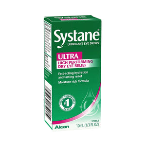 The Systane Ultra High Performance Lubricant Eye Drops by Alcon come in a green and white 10mL bottle, promising high-performing dry eye relief and fast-acting hydration. The packaging features a tear graphic and a #1 doctor recommended brand seal, highlighting its moisturizing benefits.