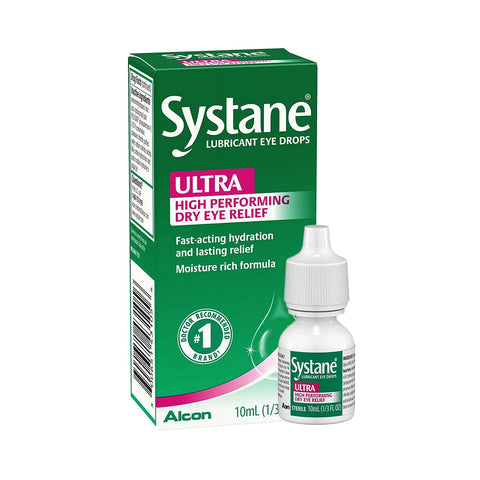 A 10mL bottle of Systane Ultra High Performance Lubricant Eye Drops is showcased in front of its box, which highlights relief for dry eyes and a moisture-rich formula. The Alcon brand logo is positioned at the bottom left of the packaging.