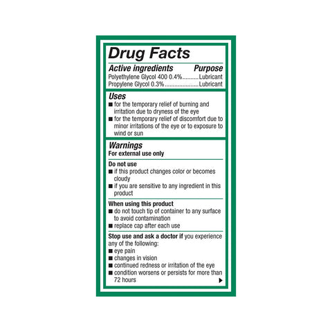 The image shows the drug facts label for Alcons Systane Ultra High Performance Lubricant Eye Drops, 10mL. It details active ingredients Polyethylene Glycol 400 (0.4%) and Propylene Glycol (0.3%), with uses, warnings, and directions like avoiding use if cloudy, providing relief for dry eyes with moisturizing drops.