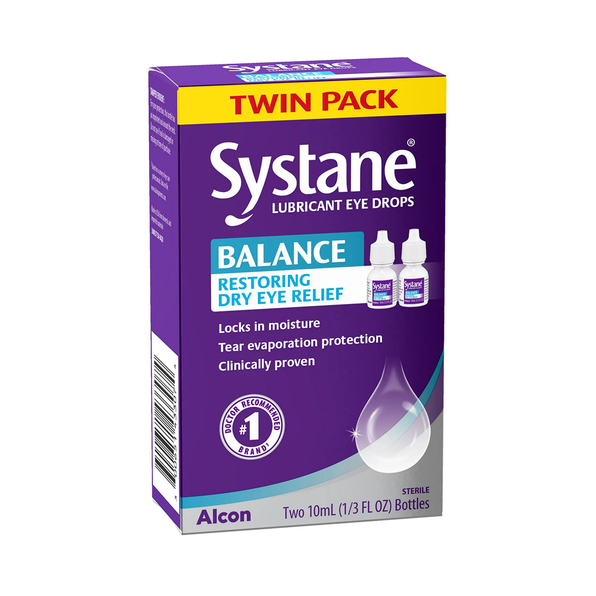 The Alcon Systane Balance 2-Pack Lubricant Eye Drops, featuring MGD and tear evaporation protection, includes two 10ml bottles. The purple and white package emphasizes moisture lock and clinical proof with Twin Pack prominently displayed.