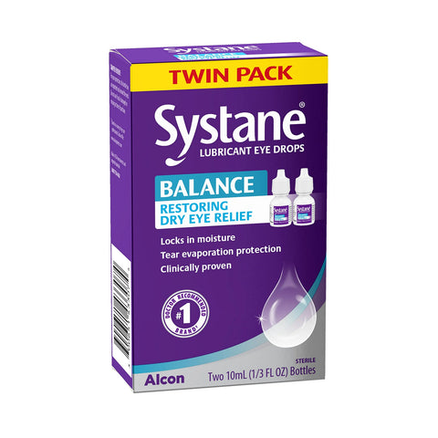 The Alcon Systane Balance 2-Pack Lubricant Eye Drops, featuring MGD and tear evaporation protection, includes two 10ml bottles. The purple and white package emphasizes moisture lock and clinical proof with Twin Pack prominently displayed.