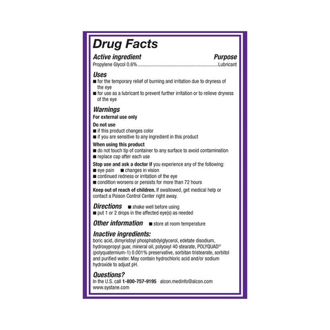 The drug facts label for Alcons Systane Balance 2-Pack Lubricant Eye Drops provides purpose, uses, warnings, directions, and inactive ingredients for MGD and tear evaporation protection. Contact info for questions is included. Emphasizes external use only and warns against contamination.