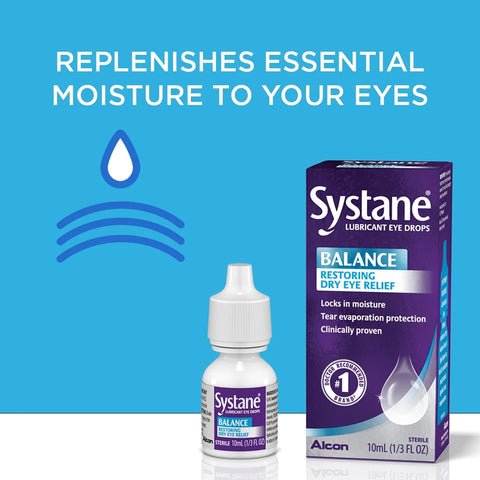 The image shows a box and bottle of Systane Balance 2-Pack Lubricant Eye Drops (Alcon) against a calming blue background. Text states, Replenishes essential moisture to your eyes, offering soothing dry eye relief, with a droplet icon enhancing the message.