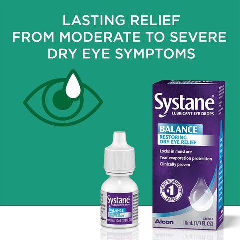 Against a green backdrop with an eye icon, Alcons Systane Balance 2-Pack Lubricant Eye Drops promises lasting relief from moderate to severe dry eye symptoms. Each convenient 10ml (1/3 fl oz) bottle is designed for effective protection against tear evaporation.