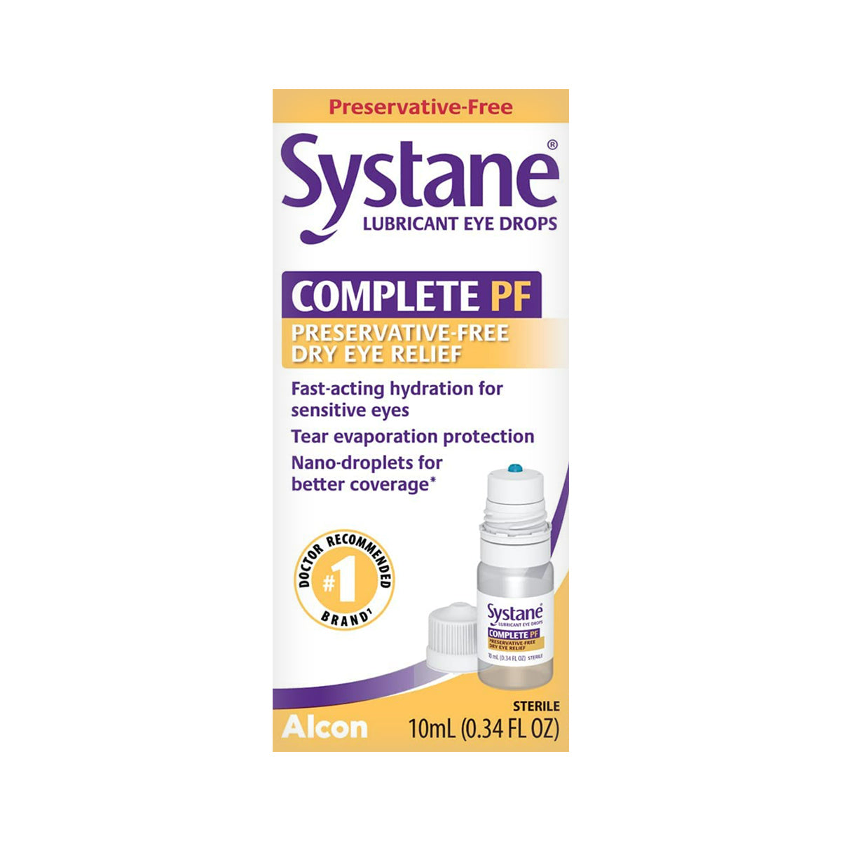 The Systane COMPLETE Preservative-Free Eye Drops by Alcon, featuring nano-droplet technology for dry eye relief, come in a 10ml (0.34 fl oz) multi-dose bottle. The packaging emphasizes Preservative-Free and Doctor Recommended Brand.