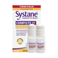 Image of Alcons Systane COMPLETE Preservative-Free Eye Drops twin pack, highlighting Preservative-Free and Dry Eye Relief. Featuring nano-droplet technology, the small white bottles with purple and yellow labels are positioned in front of the box.