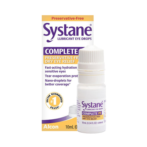 The image highlights a Systane COMPLETE Preservative-Free Eye Drops box and bottle, promoting Complete Dry Eye Relief with its fast-acting hydration, featuring nano-droplet technology for tear evaporation protection. The Alcon brand is mentioned at the bottom.