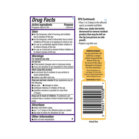 Explore the drug facts label for Alcons Systane COMPLETE Preservative-Free Eye Drops with nano-droplet tech. Contains Propylene Glycol 0.6%, offers uses, warnings, directions, and tamper-evident packaging info. Provides temporary relief from discomfort and is intended for external use only.