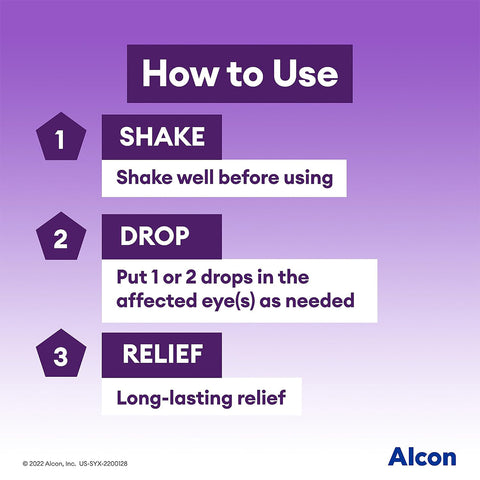 A gradient purple background with white text: 1) Shake well, 2) Apply 1-2 drops in affected eye(s) as needed. Experience long-lasting relief with nano-droplet technology using Systane COMPLETE Preservative-Free Eye Drops Multi-Dose Bottle by Alcon. Logo bottom right.