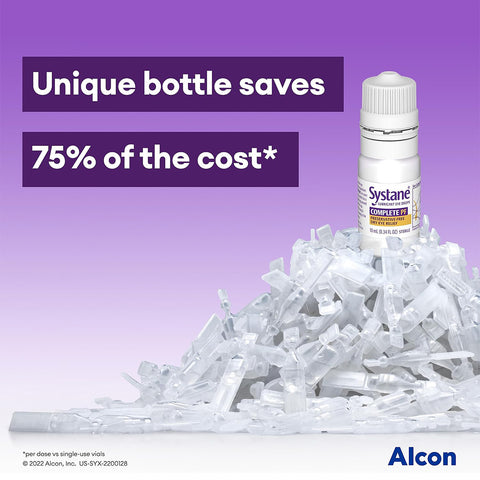 A bottle of Systane COMPLETE Preservative-Free Eye Drops Multi-Dose by Alcon, showcasing nano-droplet technology, is on used vial tops against a purple background. Text states, Unique bottle saves 75% of the cost*, with the Alcon logo in the bottom right.