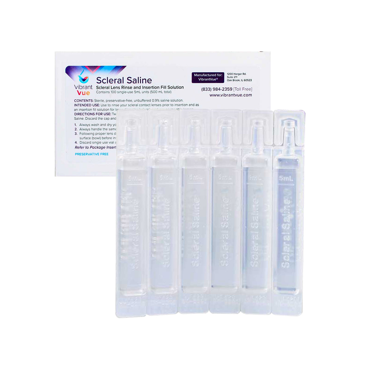 Vibrant Vue Saline Lens Rinse and Insertion Fill Solution, 100% Preservative Free, 100 Vial box