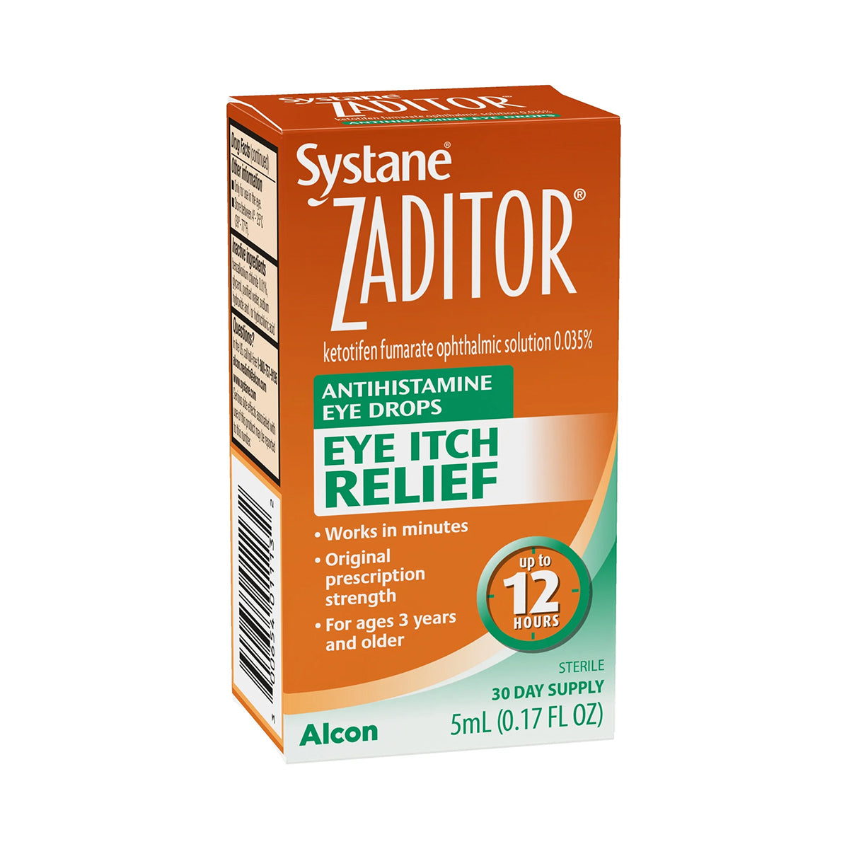 Alcons Zaditor Eye Care Allergy Relief Eye Drops (5 ml) feature orange packaging highlighting fast-acting, prescription-strength relief from eye itch and allergy symptoms, offering up to 12 hours of comfort. Suitable for ages 3 and up.