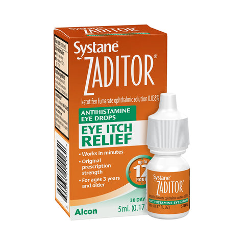 The packaging of Alcons Zaditor Eye Care Allergy Relief Eye Drops (5 ml) includes a small white bottle with an orange label, within a box indicating its suitable for ages 3 and up. It offers prescription-strength, fast-acting itch relief lasting up to 12 hours in minutes.