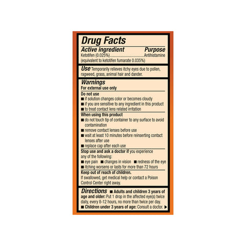 The image shows a Zaditor label from Alcon, featuring Ketotifen as the active ingredient with prescription strength. It acts as an antihistamine for quick eye itch relief and includes warnings, directions, and advice to consult a doctor if needed. (5 ml bottle).