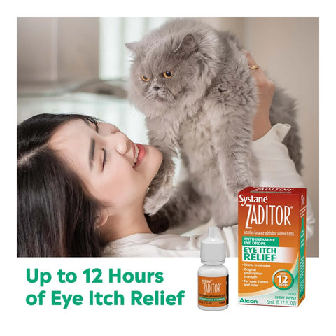 A woman smiles while holding a fluffy gray cat, next to a box and bottle of Zaditor Eye Care Allergy Relief Eye Drops by Alcon. Text below says Up to 12 Hours of Prescription Strength Eye Itch Relief.