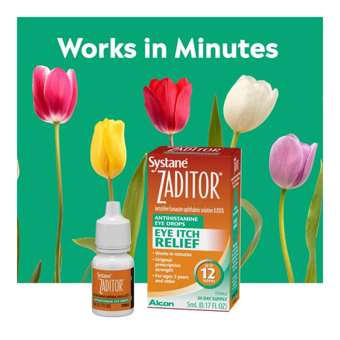 A 5 ml bottle of Zaditor Eye Care Allergy Relief by Alcon is displayed next to a small container. With vibrant tulips in the background, the text states Works in Minutes, highlighting its rapid-acting, prescription-strength antihistamine for relieving eye itch.