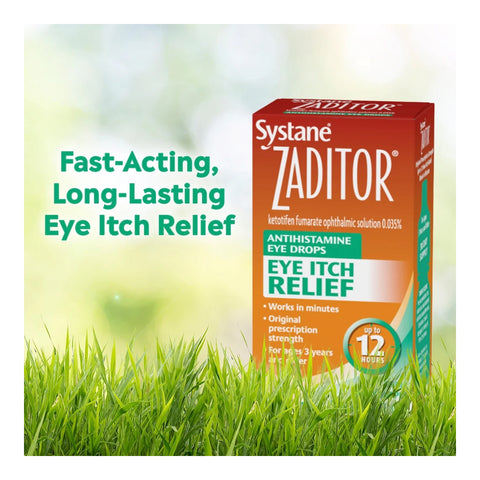 An image of the Alcon Zaditor Eye Care Allergy Relief Eye Drops (5 ml bottle) box on grass displays the text Fast-Acting, Long-Lasting Eye Itch Relief. Key features highlight Works in minutes with original prescription strength, delivering relief for up to 12 hours.