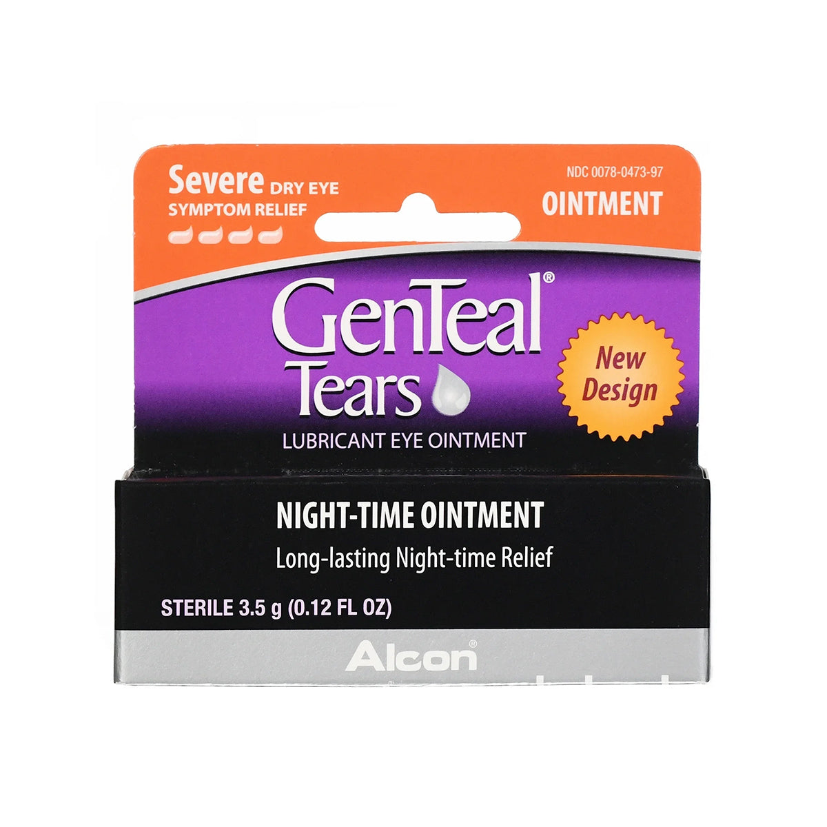 Box of Alcons GenTeal Tears Night-Time Ointment for severe dry eyes features purple, orange, and white packaging, highlights Night-time Ointment and New Design, and contains 3.5 g (0.12 fl oz).