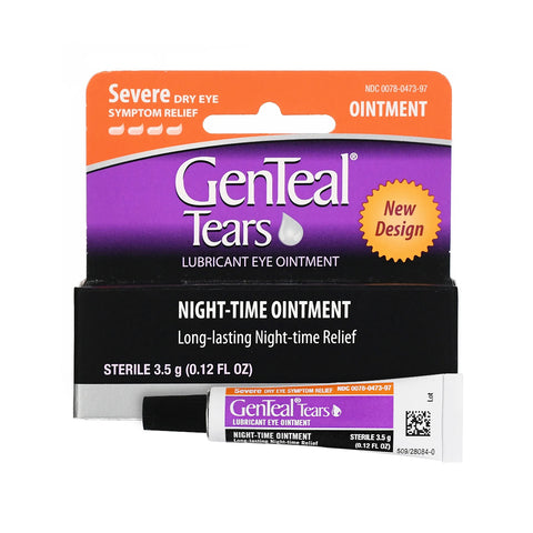 Alcons GenTeal Tears Night-Time Ointment for severe dry eye relief comes in a new purple and orange box design. The 3.5g tube is labeled nighttime ointment, long-lasting night-time relief.