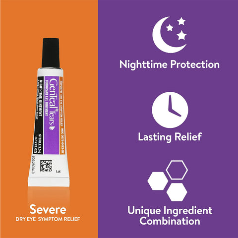 A 3.5g tube of GenTeal Tears Night-Time Ointment by Alcon on an orange background declares: Severe dry eye relief. Purple background features icons and text: Nighttime Protection, Lubricates Dry Eyes, Unique Ingredient Combination.