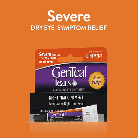 The GenTeal Tears Night-Time Ointment, from Alcon, features an orange package highlighting Severe Dry Eye Symptom Relief and its New Design. A 3.5g tube stands prominently, offering effective nighttime relief for dry eyes.