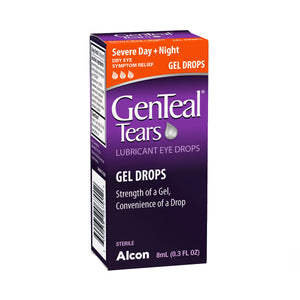 The image shows a GenTeal Tears Lubricant Gel Eye Drops (8 mL, 0.3 FL OZ) box by Alcon in purple and orange packaging. It offers Severe Day + Night Dry Eye Symptom Relief with the Strength of a Gel, Convenience of a Drop, ideal for eye dryness relief.