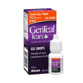 The GenTeal Tears Lubricant Gel Eye Drops by Alcon offer Severe Day + Night dryness relief in an 8mL bottle. The product features standout purple and orange packaging with a white bottle adorned by a purple label, providing soothing comfort for dry eyes.