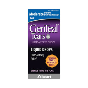 GenTeal Liquid Drops 15mL by Alcon offer fast, soothing relief for moderate dry eye symptoms. Formerly Tears Naturale Forte, they provide hydration and protection against dryness. Also available in a convenient gel form for extended protection.