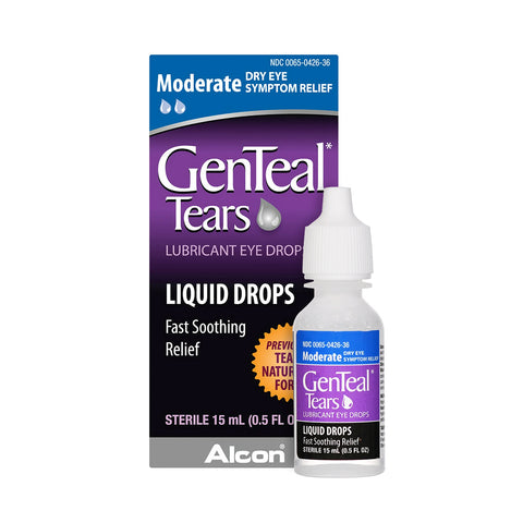 Image of a small white bottle of Alcons GenTeal Liquid Drops next to its purple and white box labeled Moderate Dry Eye Symptom Relief and Fast Soothing Relief. The bottle contains 15 mL (0.5 fl oz) of artificial tears.