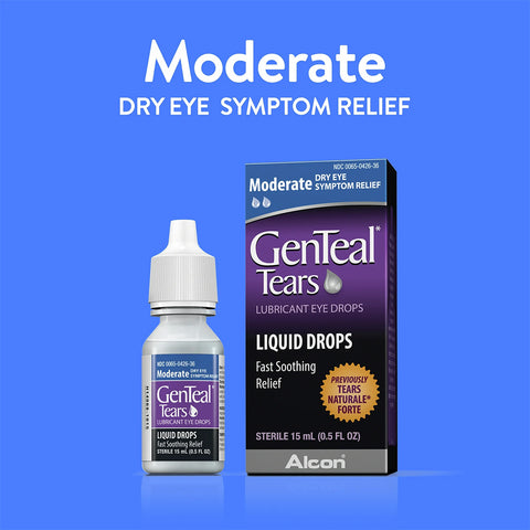 Image of Alcons GenTeal Liquid Drops 15mL, showing a bottle and box with blue and purple packaging. Text reads Moderate Dry Eye Symptom Relief and Fast Soothing Relief, suitable for those needing an effective artificial tear solution.