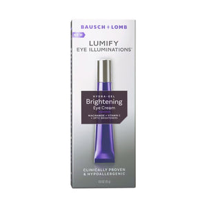 The image showcases a Bausch & Lomb LUMIFY Eye Illuminations Hydra-Gel Brightening Eye Cream. The purple-silver packaging highlights niacinamide and vitamin C. This 15 g cream claims to rejuvenate under-eye skin and create smoother, glowing skin while being hypoallergenic.