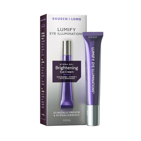 The image shows a Bausch & Lomb LUMIFY Eye Illuminations Hydra-Gel Brightening Eye Cream box and tube. Clinically proven to revitalize under-eye skin, it features purple and silver packaging with key ingredients like niacinamide and vitamin C. The product weighs 15 g (0.5 fl oz).