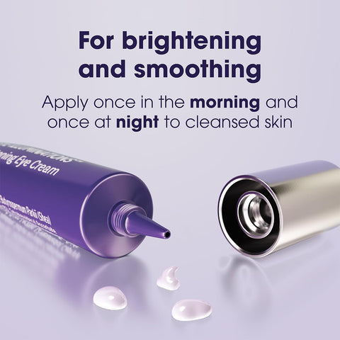 LUMIFY Eye Illuminations Hydra-Gel Brightening Eye Cream, by Bausch & Lomb, in a purple tube with silver cap on lavender surface beside cream dollops. Text reads: Clinically proven brightening eye cream for under-eye skin. Use morning and night on cleansed skin. Hypoallergenic, 15 g tube.